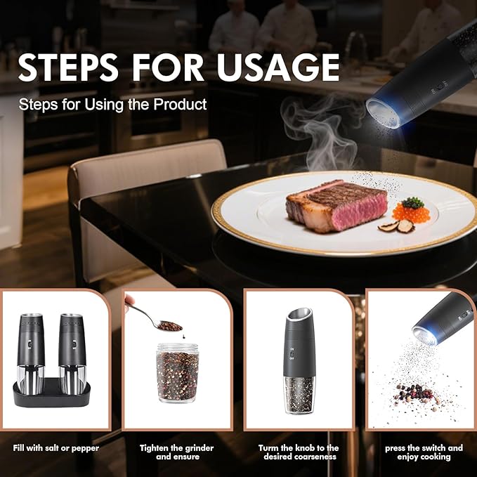 Gravity Electric Pepper and Salt Grinder Refillable Set - Automatic Shakers Pepper Mill, Adjustable Coarseness, with Rechargeable Base & LED Light