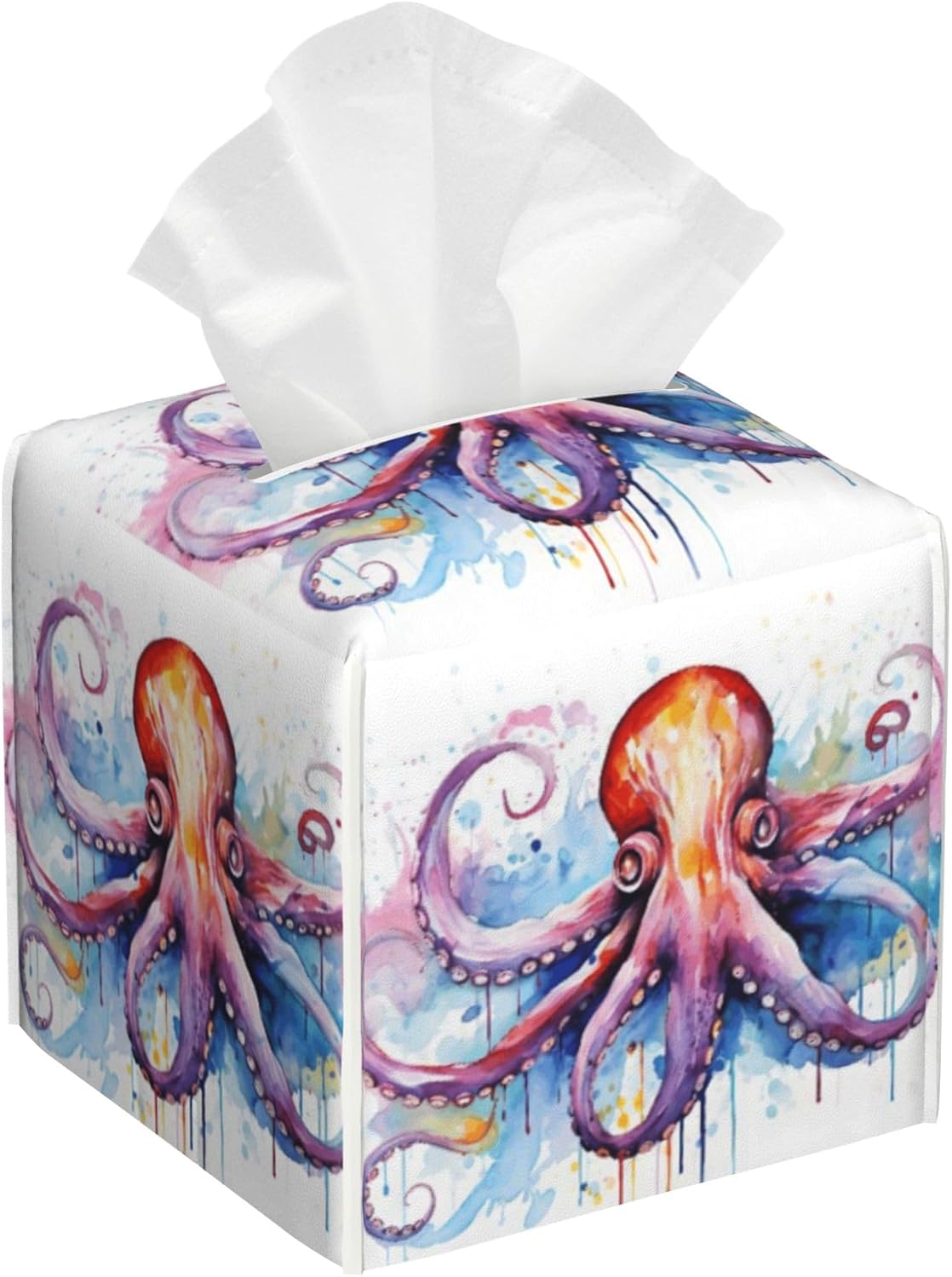 Watercolor Squid Tissue Box Cover,Colorful Splashes Tissue Box Holder Square with Bottom Belt,Waterproof Modern Napkin Holder Organizer for Bedroom Dresser Night Stand Office Desk,5.2" x 5.2" x 5.2"