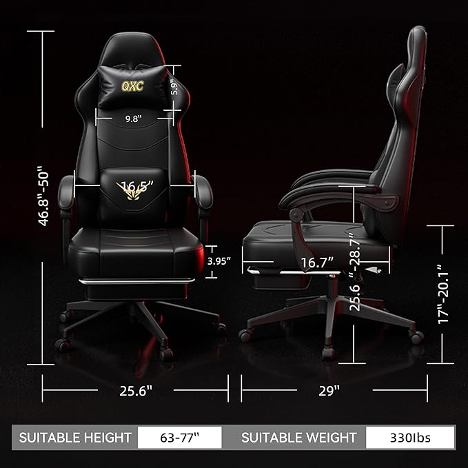 Ergonomic Gaming Chair with Lumbar Massage & Heat, 3D Adjustable Backrest, Thickened PU Leather Seat, Hidden Footrest and Silent Casters for Office/Home (63-77in)
