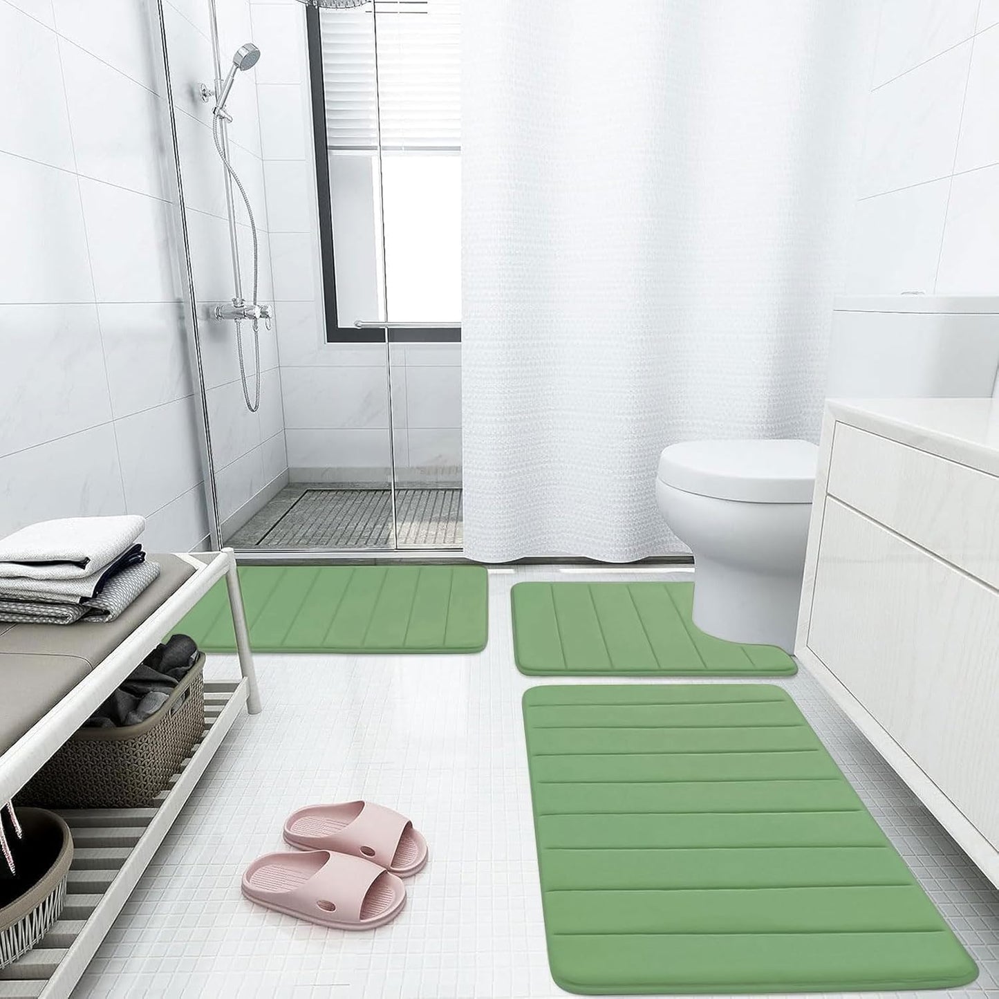 Buganda Memory Foam Bath Mat, 60" x 24", Ultra Soft and Non-Slip Bathroom Rugs, Water Absorbent and Machine Washable Bath Rug Runner for Bathroom, Shower, and Tub, Olive Green