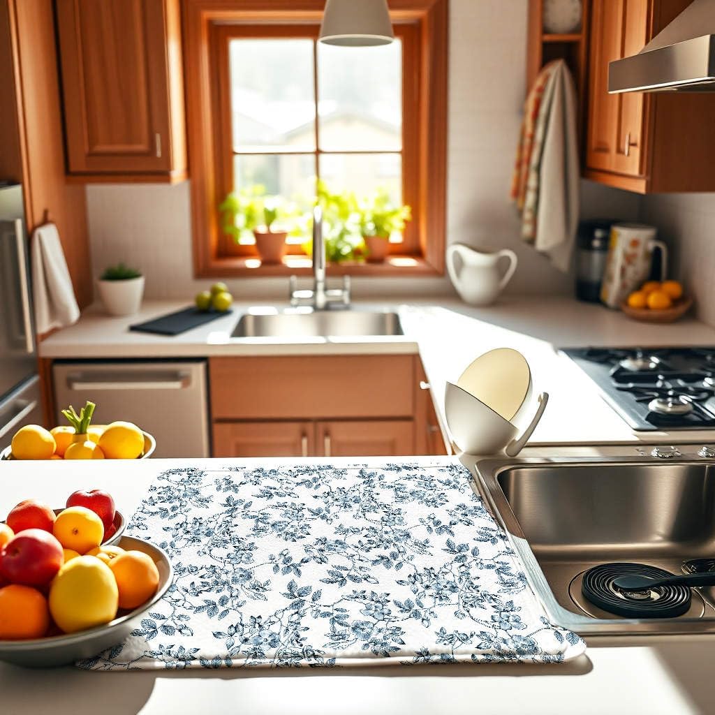 Floral Spring Large Dish Drying Mat for Kitchen Counter 18x24 Microfiber Absorbent - Foldable, Non-Slip, Compact Plant Leaves Kitchen XL Drying Mats for Dishes, Countertops, and Cookware