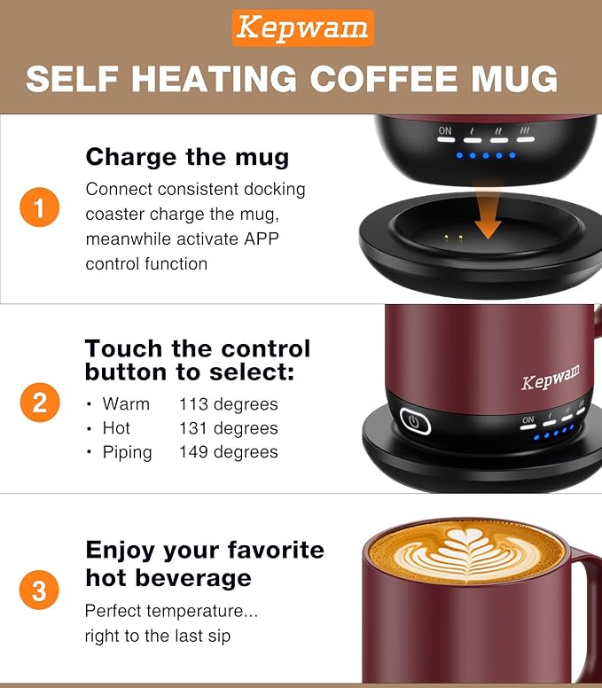Kepwam Self Heating Coffee Mug T1-16oz Fast Heating & Ultra Long-Lasting Battery Life, Heated Coffee Mug Up to 149℉ - Touch & App Controlled Coffee Mug, Birthday Gifts for Women and Men