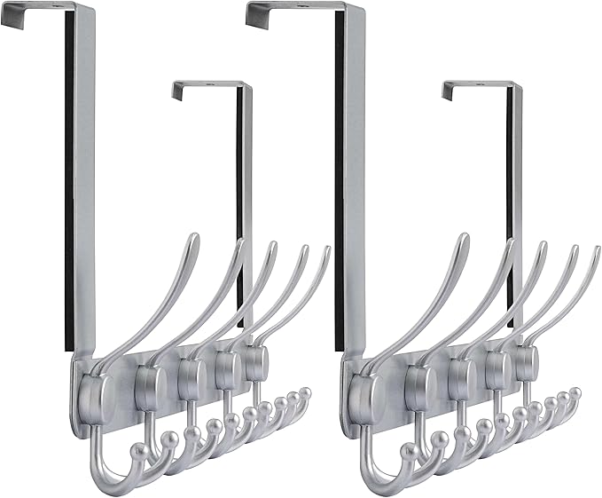 Dseap Over The Door Hook Hanger - 5 Tri Hooks, Heavy Duty Over The Door Towel Rack Coat Rack for Clothes Hat Towel, Silver, Pack of 2