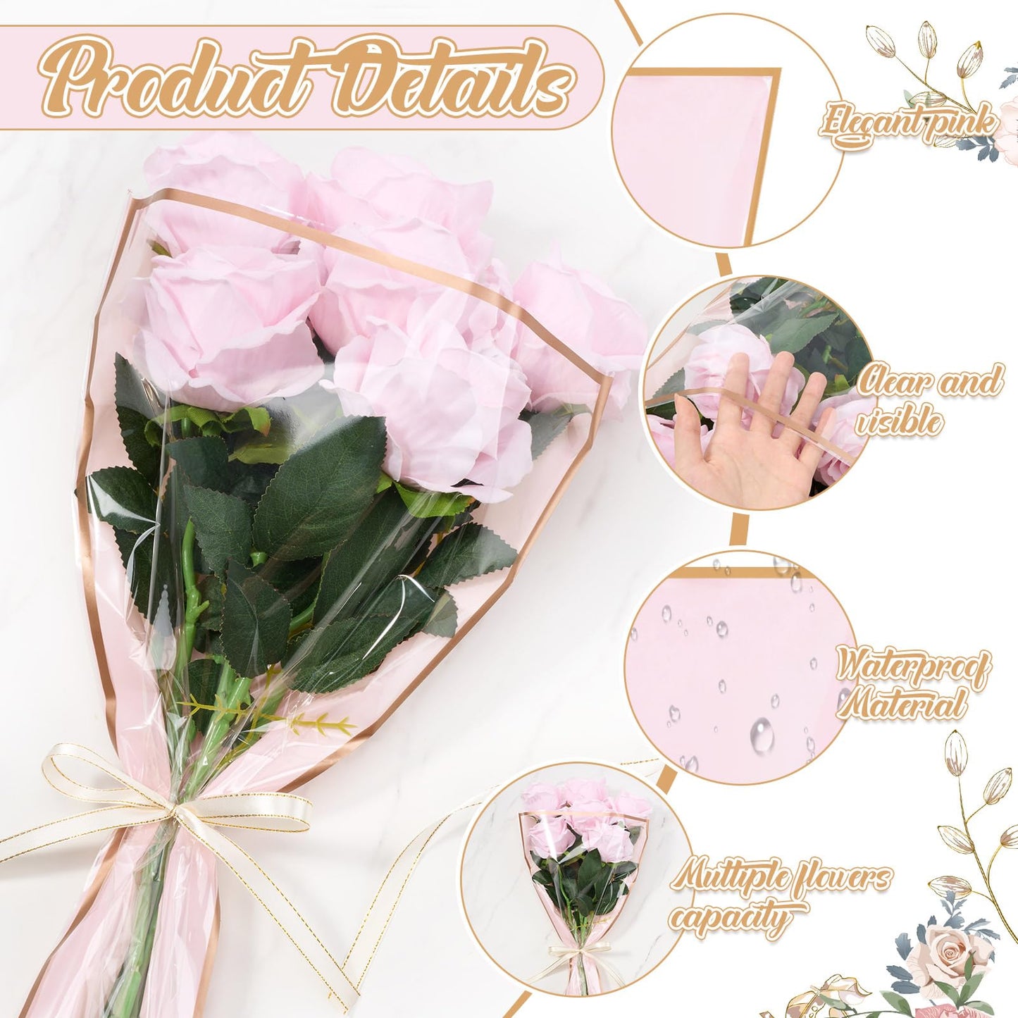 YooNotee 60 Pcs Flower Wrapping Bags for Valentine's Day Bouquets Supplies 17.7 x 10.9 Inches Plastic Flower Bouquet Sleeve Clear Front Floral Wraps with Ribbons for Graduation Party (Pink)