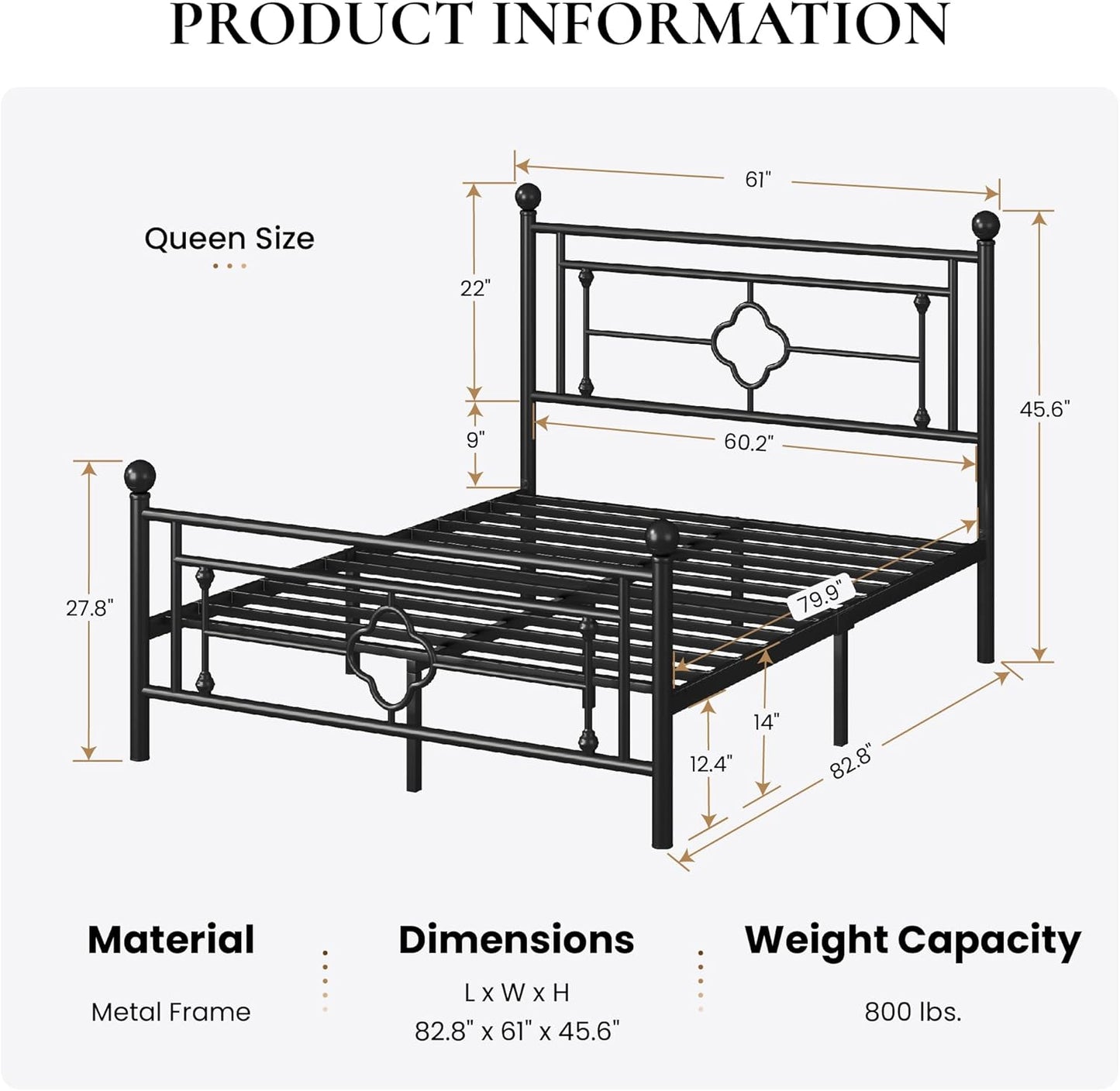 SHA CERLIN 14 Inches Queen Size Metal Platform Bed Frame/Vintage Iron-Art Headboard and Footboard/Mattress Foundation for Storage/No Box Spring Needed/Noise-Free/Easy Assembly/Black