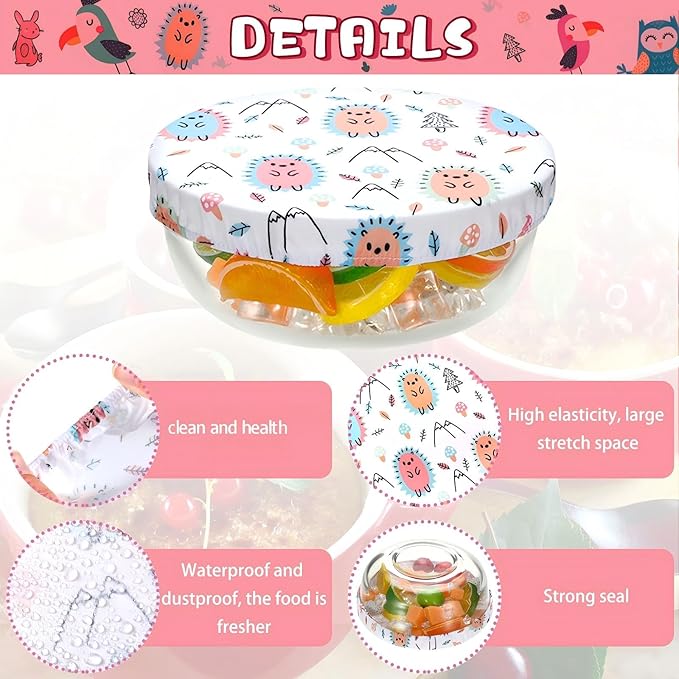 Patelai 10 Pcs Bowl Covers Reusable in 5 Size Stretch Cloth Fabric Elastic Food Storage Bowl Covers Bread Sourdough Lids for Proofing Food Fruits Leftover(Multicolor,Cute Style)