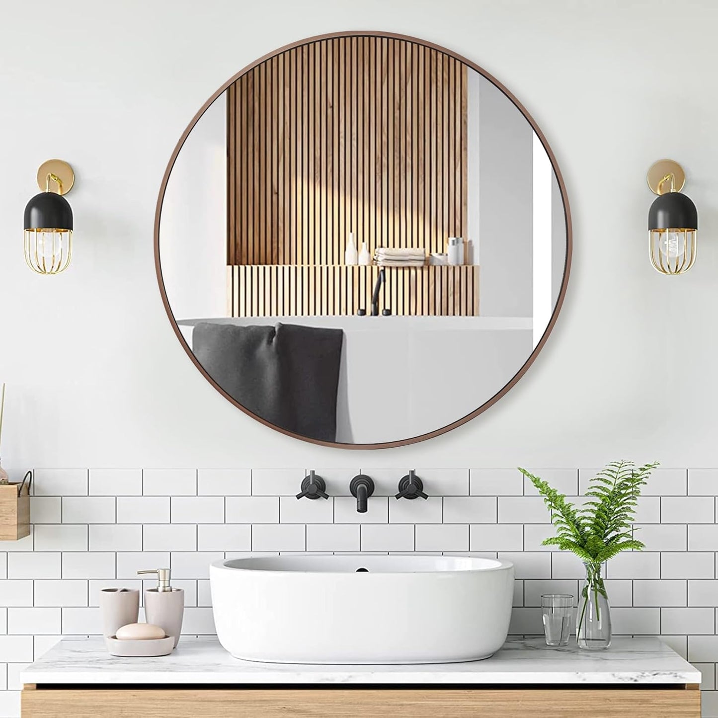 24 inch Circle Wall Mirror, Brushed Bronze Metal Framed Round Mirror for Bathroom Vanity, Bedroom Decor, Living Room, Entryway