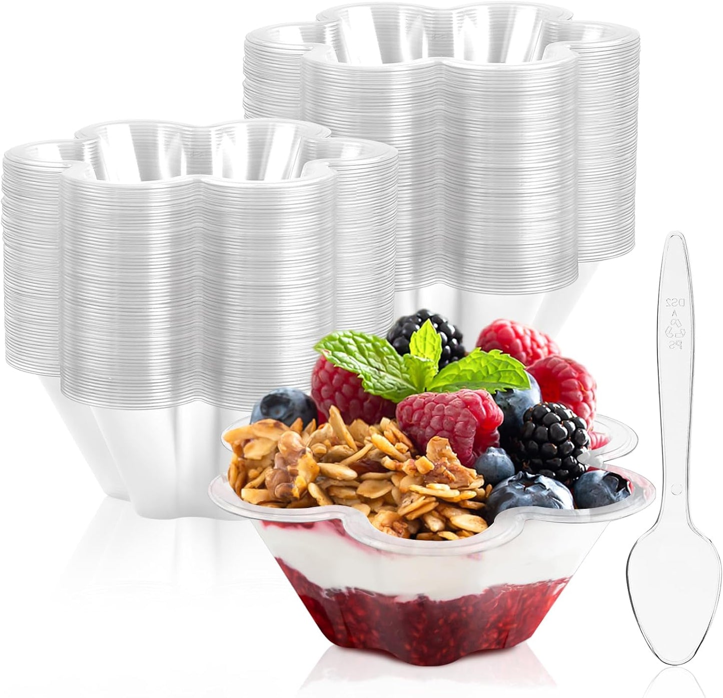Qeirudu 8 oz Dessert Cups with Spoons, 100 Pack Flower Shaped Ice Cream Bowls Plastic Party Serving Bowls for Sundae, Parfait, Fruit, Snack, Acai Bowls