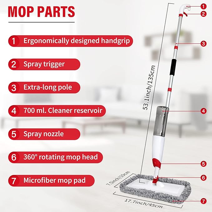 Spray Mops for Floor Cleaning, Microfiber Spray Cleaning Mop Kit with 3 Reusable Washable Pads 700ML Refillable Bottle and Scrubber Flat Mop with 360 Degree Swivel Head for Hardwood Laminate (Grey)