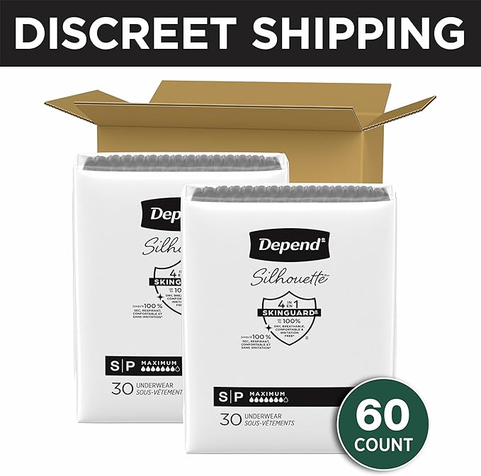 Depend Silhouette Adult Diapers, Incontinence & Postpartum Bladder Leak Underwear for Women, Maximum Absorbency, Small, Black, 60 Count (2 Packs of 30), Packaging May Vary