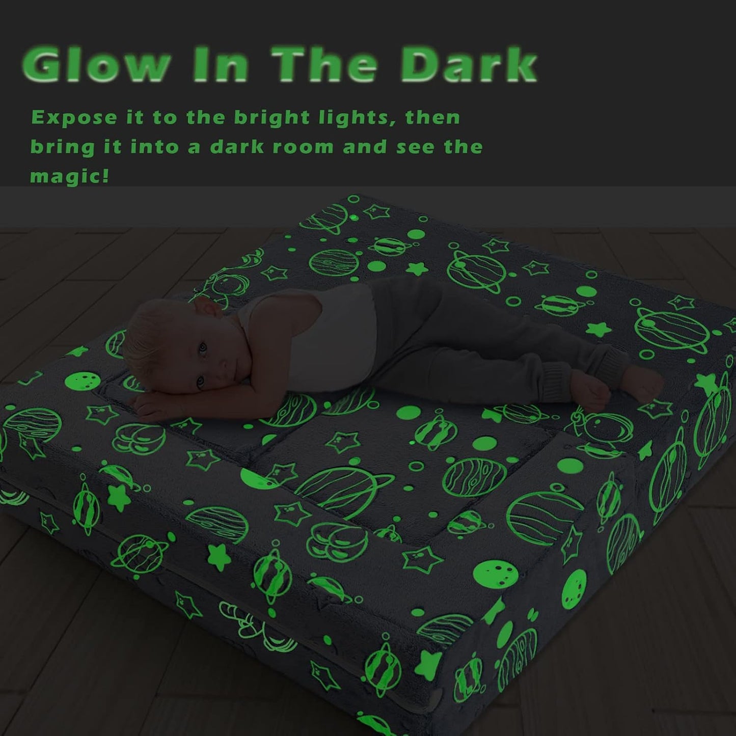 MeMoreCool Glow in The Dark Space Kids Modular Play Couch, Blue Fold-Out Foam Lounge Chair Sofa for Girls and Boys, Bedroom and Playroom