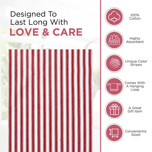 Candy Cottons Stripe Kitchen Dish Towels With Hanging Loop - Boho Absorbent Festive Gift Set of 6 - Reusable 18x28 Inch Pantry Decor - Trendy Spring French Red