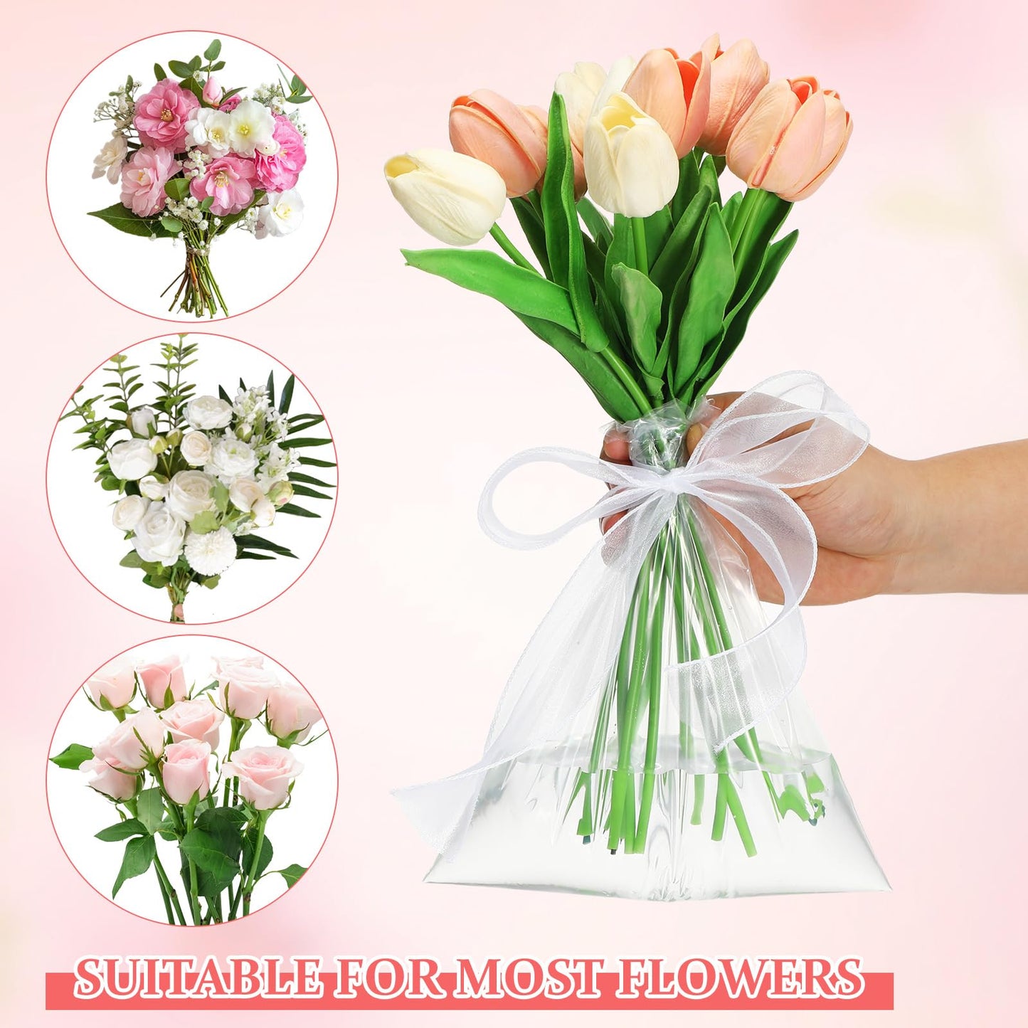TOPPERFUN 50Pcs Flower Bags, 9.8x5.9in Bouquet Water-retaining Bag Protector, Rose Packaging for Arrangement, PE Water Floral Sleeves for Wedding Graduation and Mother's Day Florist Wrapping Supplies
