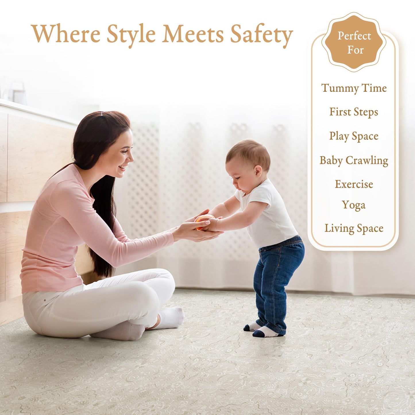 PopsyKosy Premium Baby Floor Play Mat - Thick & Cushioned 0.5 inch Playroom Foam Mat, Non-Toxic Odorless - 6 Tiles - Spacious 6x4 ft. - Stylish & Large, Waterproof for Kids & Toddlers - Pearl Beige