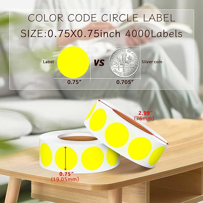 0.75 Inch 4Rolls of 4000 Colorful Dots Sealing Stickers,3/4"Round Permanent Adhesive Color Coding Labels,Yellow Dots Stickers for Home Decorative, Storage Bins, Moving Containers & Organization