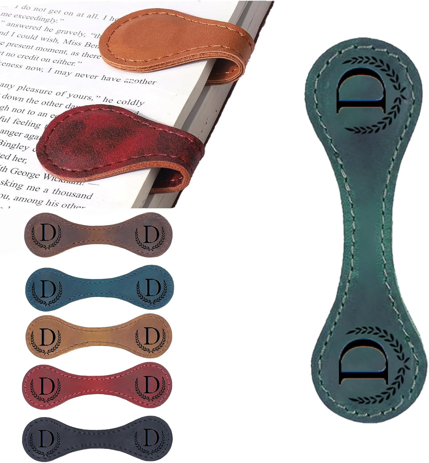 Personalized Magnetic Leather Bookmark, 26 Letters Custom Leather Bookmarks, Handmade, Leather Magnetic Bookmark for Book Lovers Readers Women Kid(Green，D）