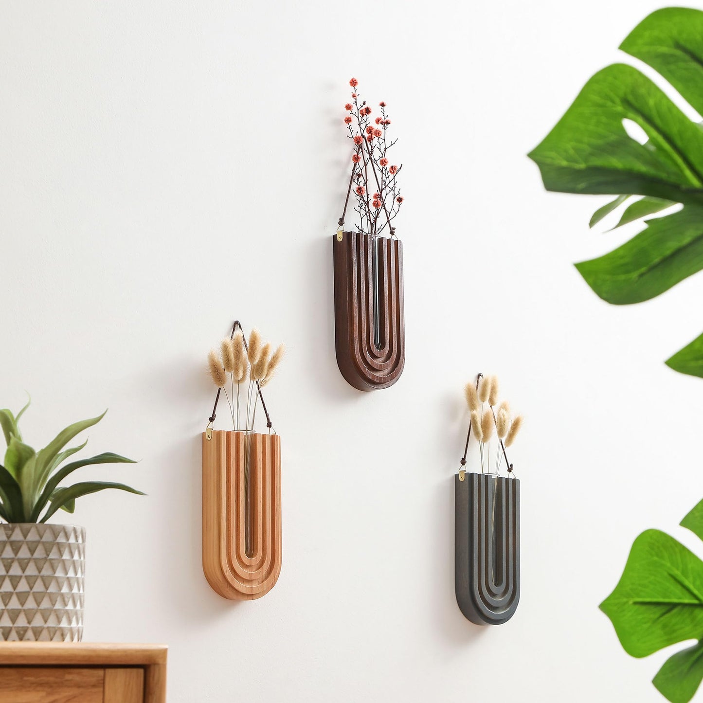 GRID FORTE Wood Wall Planter Indoor, Propagation Station, Wooden Hanging Vase for Dried Flowers, Plant Holder, Boho Wall Décor for Living Room Rainbow U Shape (Set of 3)