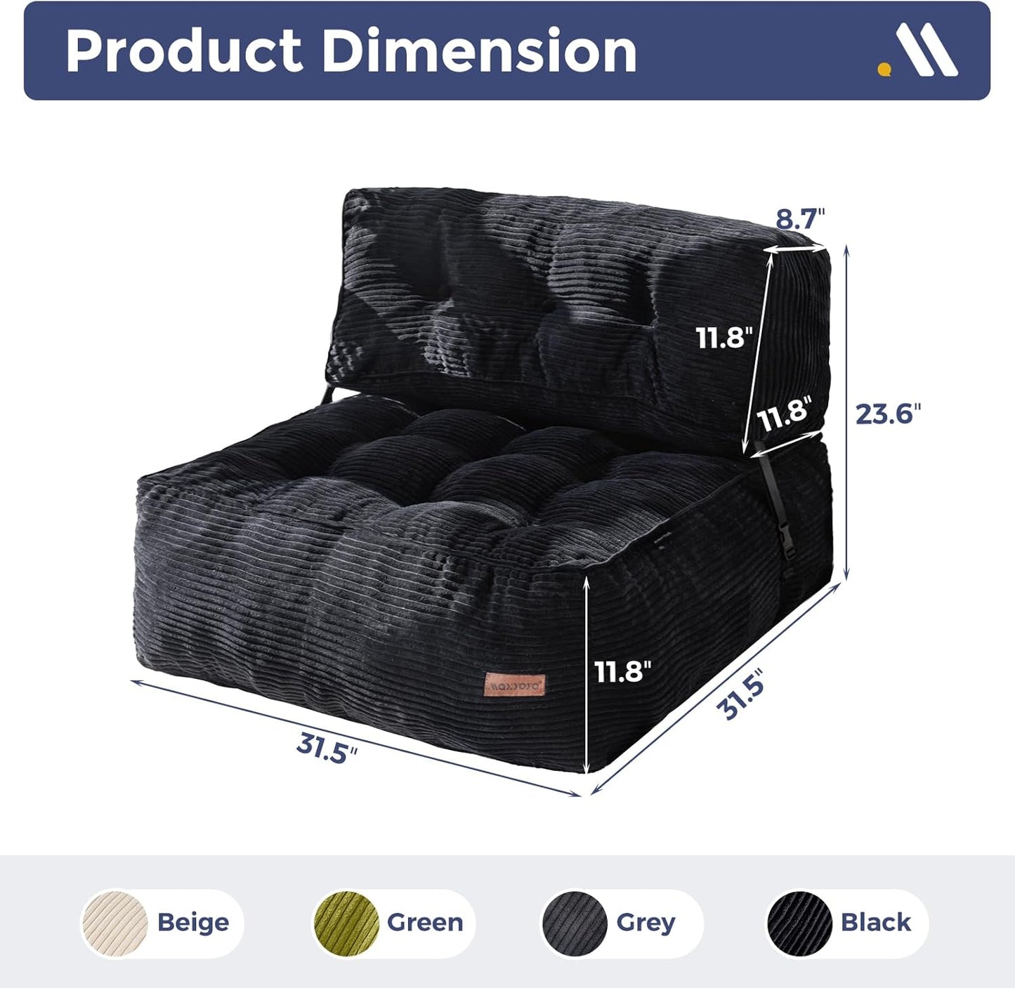MAXYOYO Floor Sofa Bean Bag Sofa Couch, Comfy Floor Couch with Back Support, Portable Bean Bag with Filling, Corded Chair Seating for Living Room Bedroom Apartment, Black
