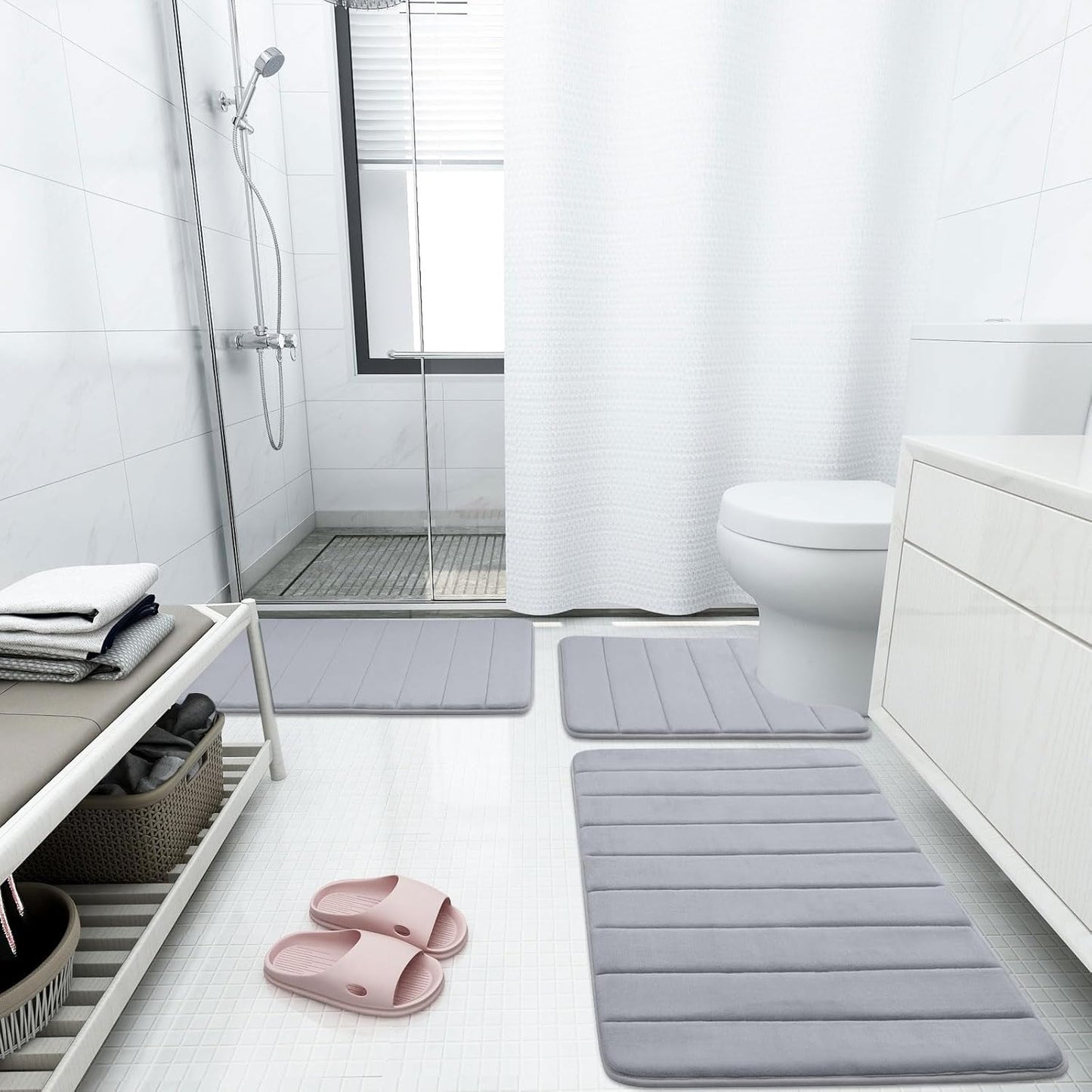 Buganda Memory Foam Bath Mat, 55" x 24", Ultra Soft and Non-Slip Bathroom Rugs, Water Absorbent and Machine Washable Bath Rug Runner for Bathroom, Shower, and Tub, Medium Grey