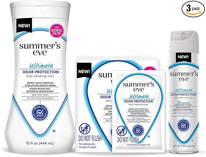 Summer's Eve Ultimate Odor Protection Bundle; Feminine Body Wash and Wipes with Boric Acid + Feminine Odor Protection Spray