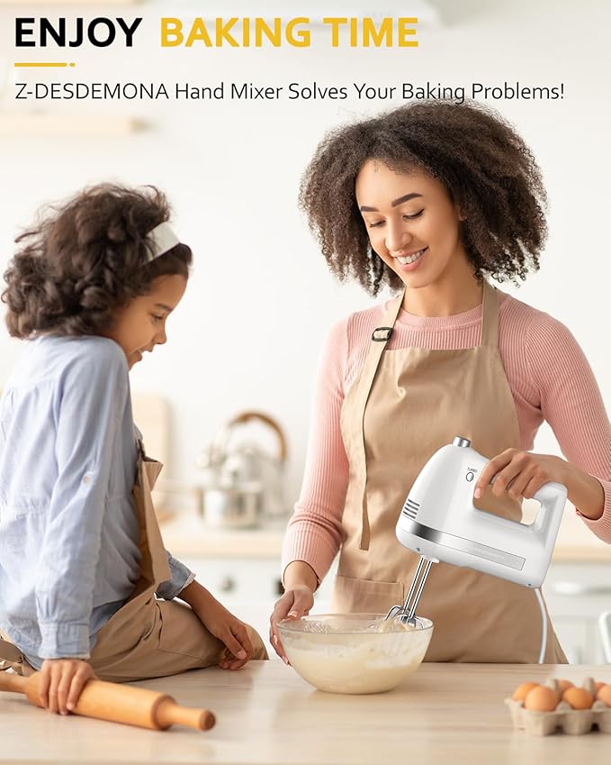 Electric Hand Mixer, Powerful 300W Hand Mixer Electric Handheld with 304 Beaters, Dough Hook,Hand Held Mixer with Turbo for Baking Cakes, Eggs, Cream Food(White)