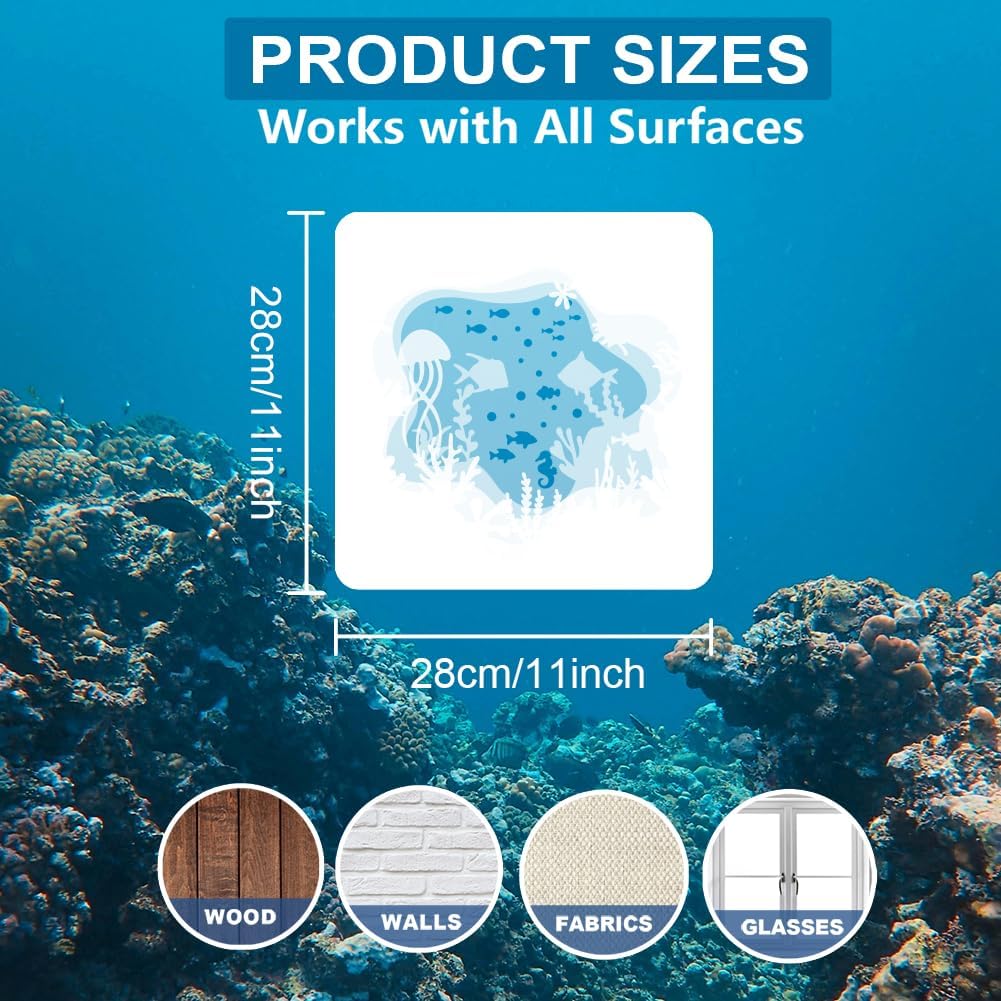 MAYJOYDIY 5pcs Layered Sea Ocean Creatures Stencils 11.8×11.8inch Large Sea Animal Stencils with Paint Brush Summer Coral Seaweed Fish Jellyfish Starfish Seahorse Templates for Wood Canvas Fabric