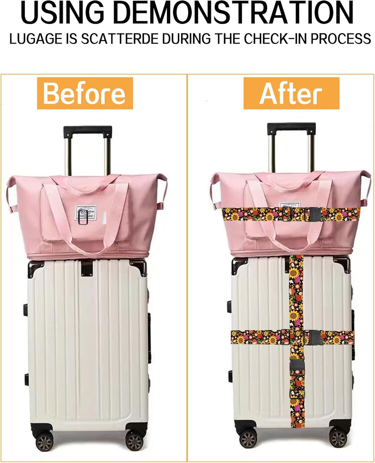 Luggage Straps for Suitcases, Adjustable Travel Belt, Durable Wide Luggage Strap, Cute Suitcase Strap Identifiers with Buckle, Bag Straps for Luggage, Cute Boho Mushrooms