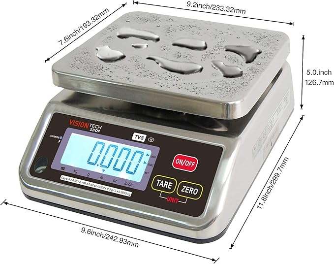 VisionTechShop TVS Portion Control Stainless Steel Washdown Scale, Lb/Oz/Kg/g Switchable, Low Profile Design, 6lb Capacity, 0.001lb Readability, Single Display, NTEP Legal for Trade, NSF Certified