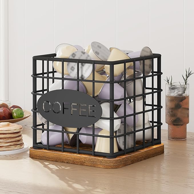 Coffee Pod Holder for K Cup, Large Capacity Coffee Pod Organizer, Versatile Coffee Capsule Storage Basket with Wooden Base, Rustic Brown KH10BR