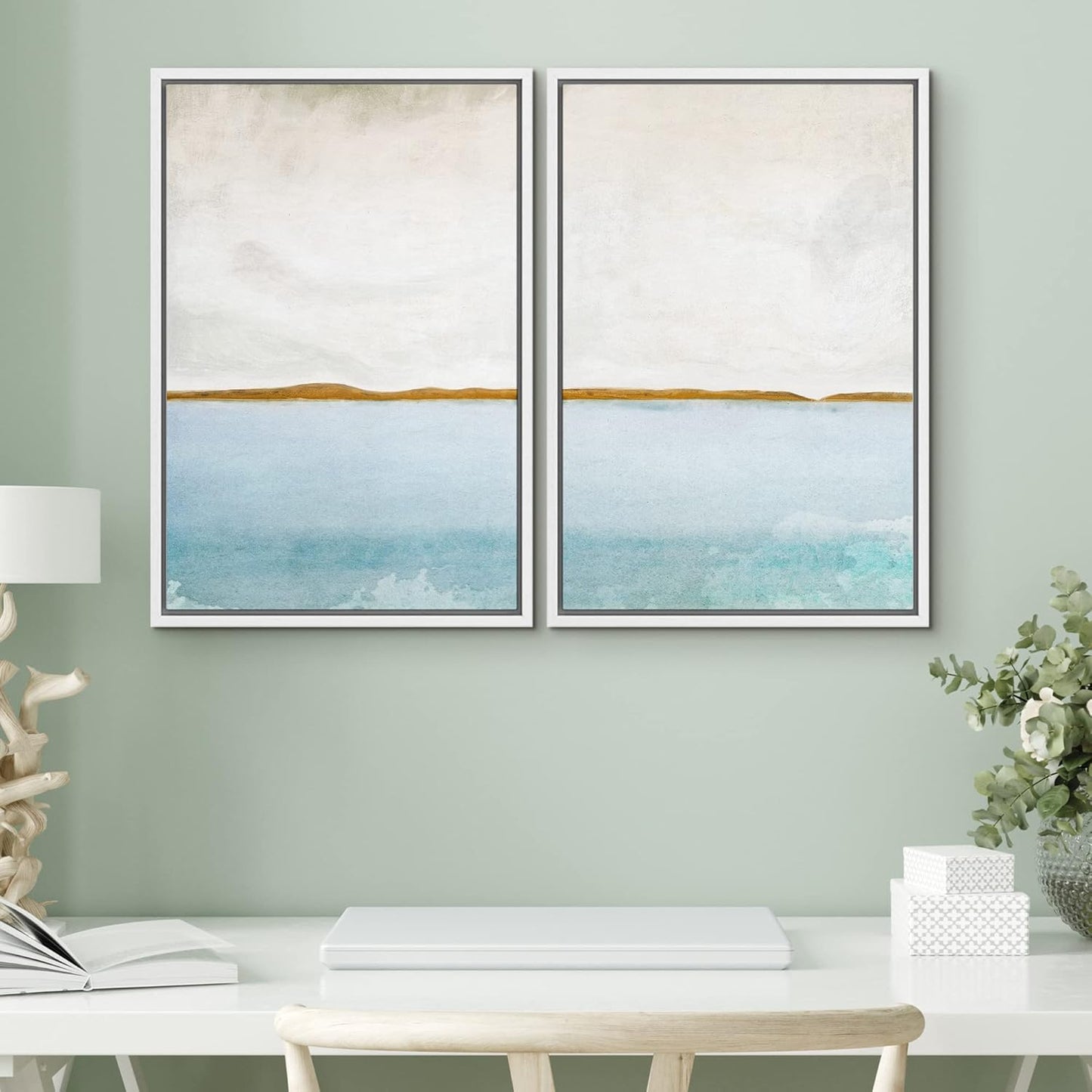 SIGNWIN Framed Canvas Print Wall Art Set Gold Blue Ocean Sea Beach Landscape Nature Wilderness Illustrations Modern Art Decorative Rustic Chic for Living Room, Bedroom, Office - 24"x36"x2 White