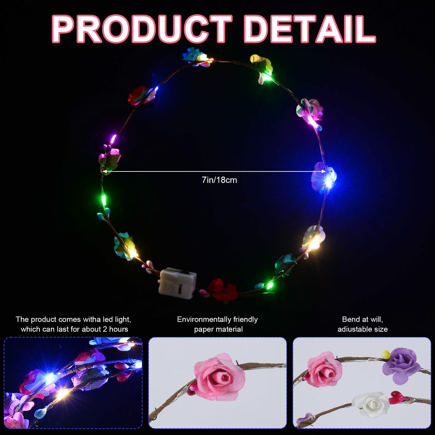QSJQllo 20 Pcs LED Flower Crowns Headbands,Light Up Headbands For Women,Glow In The Dark Headband Wreath,Suitable For Birthdays,Weddings, Halloween, Christmas, Role-Playing, Beach Parties