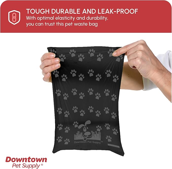 Downtown Pet Supply Poop Bags for Dogs with Dispenser, 220 Count - Leak-Proof Dog Waste Bags and Bone-Shaped Dog Poop Bags Holder for Leash - Black with Paw Prints, 12.5" x 8.5"