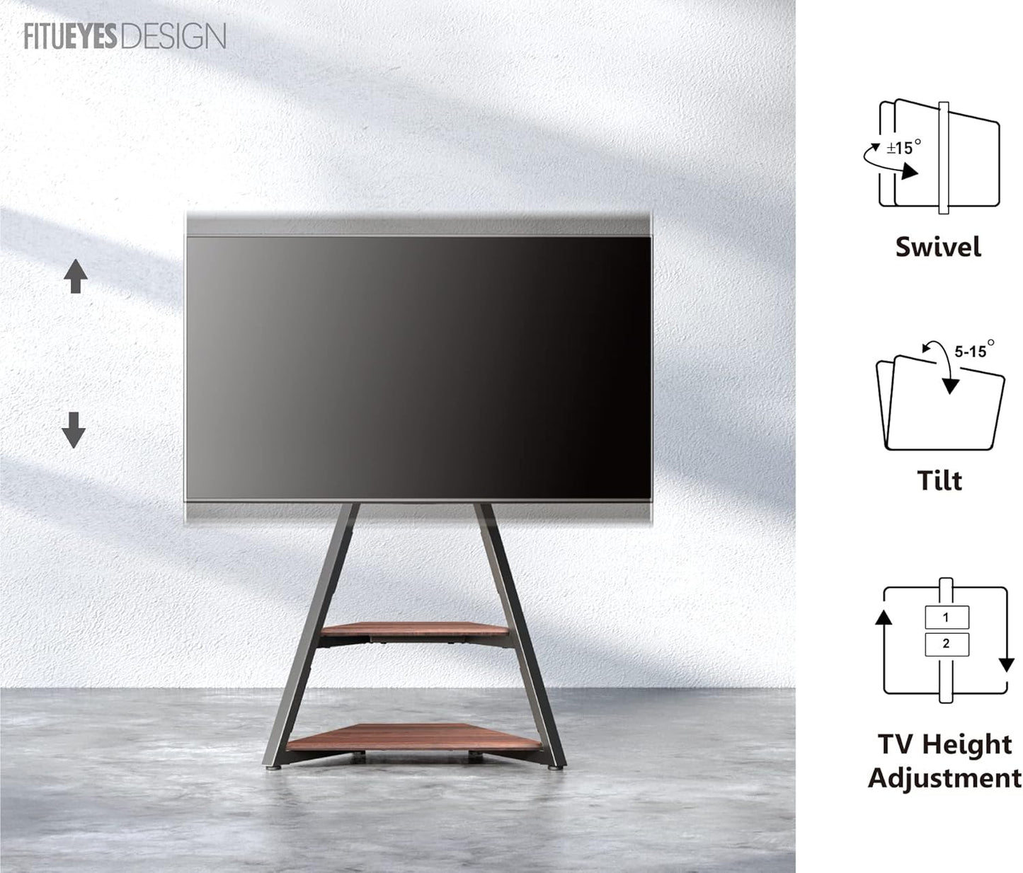 FITUEYES Design Corner TV Stand for 32 43 50 55 65 Inch TVs, Small Spaces Floor TV Stand Rolling TV Cart for LCD/LED Flat Curved Screens, Modern Living Room Television Stands, Eiffel Series, Walnut