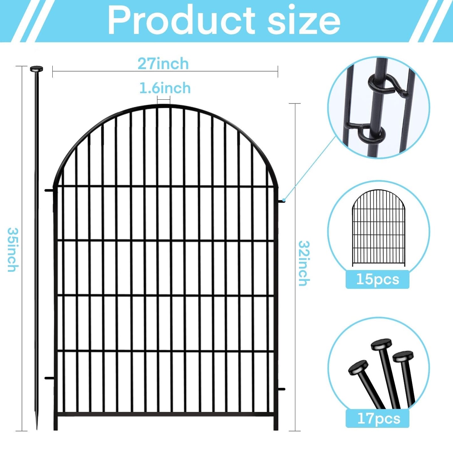 Okaygardn Tall Garden Fence with Gate, 32 in(H) x35 Ft(L) Garden Fencing Animal Barrier, 16 Panels Dog Digging Fences Barrier, Black Rustproof Flower Fence Border, Flower Bed Fencing for Outdoor Yard