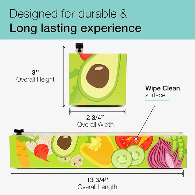 Chicwrap Veggies Refillable Plastic Wrap Dispenser - Includes One 12" x 250' Roll of Professional Grade Plastic Wrap - BPA Free and Kosher Certified - Reusable Dispenser w/Slide Cutter
