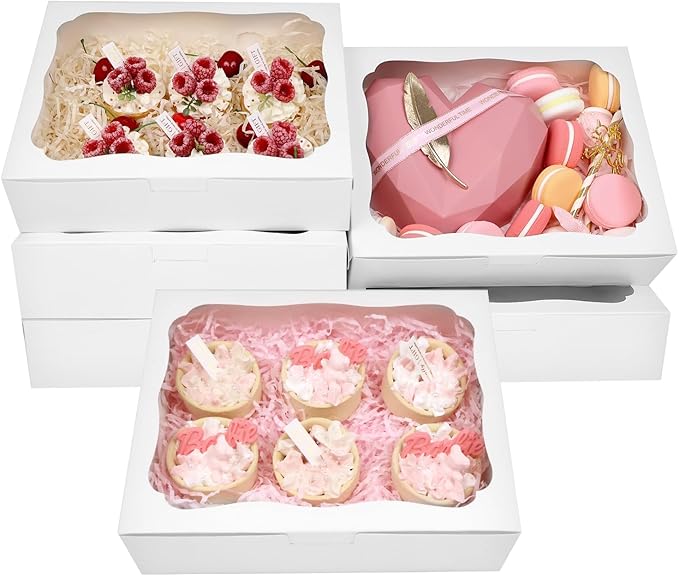 24pcs10x8x2.5 Inch White Bakery Boxes Treat Boxes with Window for Pastry, Cookie, Desserts, Chocolate Strawberries, Pies, Donuts, Muffins,Cupcake