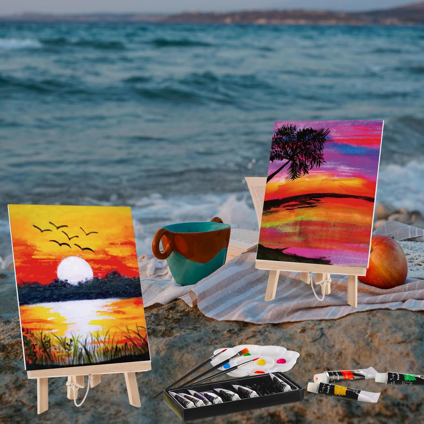 Ctosree 72 Pcs Vivid Sunset Paint and Sip Kit for Adults 8'' x 10'' Pre Drawn Canvas for Painting DIY Pre Printed Canvas for Party Favor Acrylic Painting Kit Wood Easel Brushes Date Night Bulk