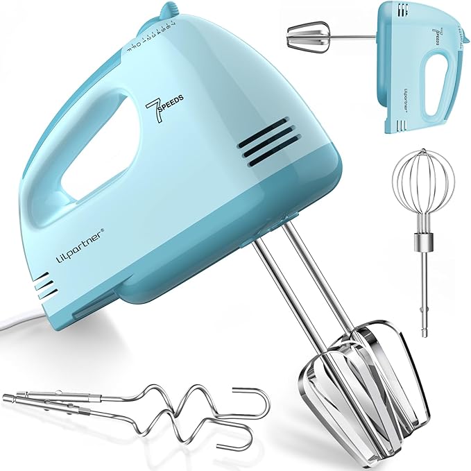 Hand Mixer Electric, Small Food Mixer 7 Speeds Handheld Blender,304 *(1* Whisk, 2* Beater, 2*Dough Hook) Kitchen Blender for Cream, Cookies, Dishwasher Safe, Blue