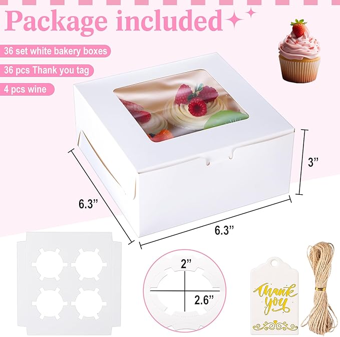 36 Pack Cupcake Boxes Hold 4 Count Christmas Disposable Cupcake Containers with Window and Cake Carrier with Thanks Card and Jute Rope to Muffins Cupcakes Cookies Gift Wrapping (White)