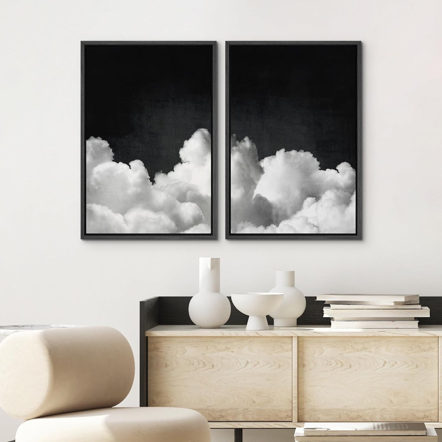 SIGNWIN Framed Canvas Print Wall Art Moody Black and White Cloud Illustrations Modern Art Decorative Contemporary for Living Room, Bedroom, Office - 16"x24"x2 Black