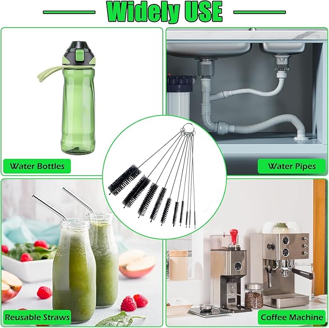 Green Piece® 10-Piece Nylon Pipe Tube Cleaner Set Mini Metal Straw Brushes with Keychain Ring for Bottles, Straws, Glasses, Tubes, Keyboards and More