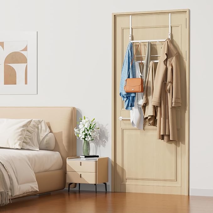 Consumest Over The Door Organizer - 3 Tier Door Hanger Hooks for Hanging Clothing, 24 Inches Long Coat Hanger for Bedroom, Bathroom, Laundry or Dorm Room, White