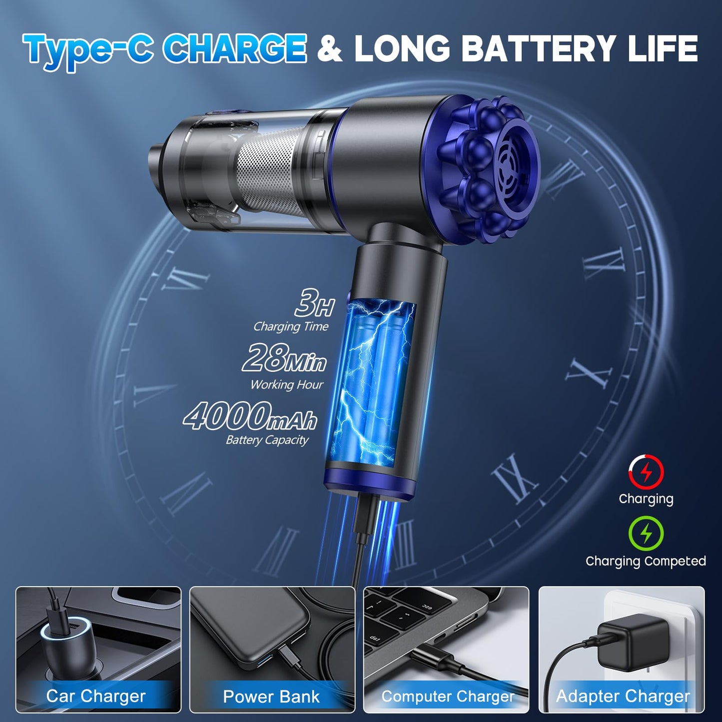 G-Ting Handheld Car Vacuum Cleaner Portable Cordless 16000Pa, 4 In 1 Air Duster And Vacuum Cleaner With Led Light And Multi-Nozz