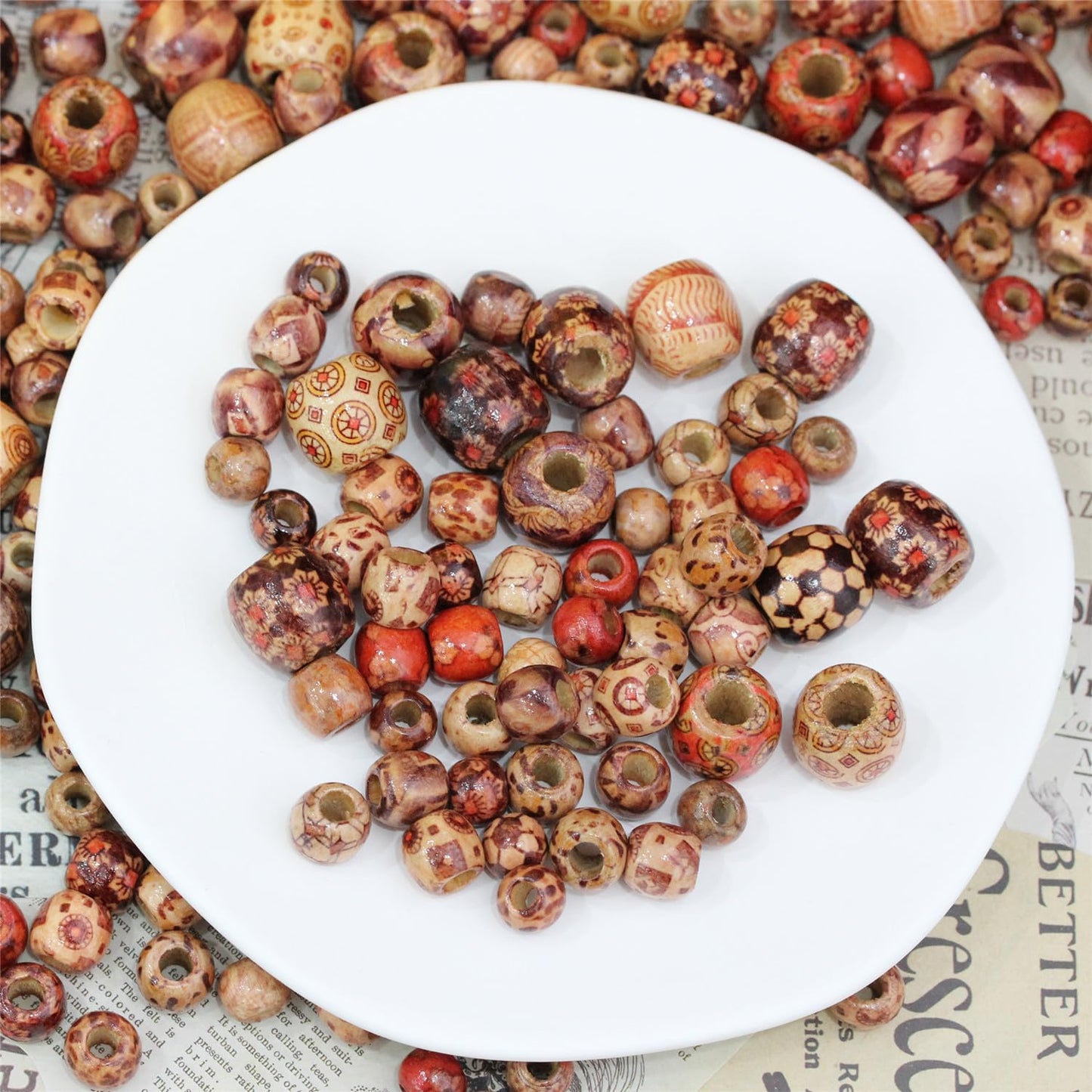300pcs Mixed Painted Drum Wood Spacer Beads, BetterJonny Barrel Wood Beads Loose Wood Beads Bulk for Hair, DIY Making Bracelet Necklace Jewelry Craft Project（16mm,12mm,10mm）