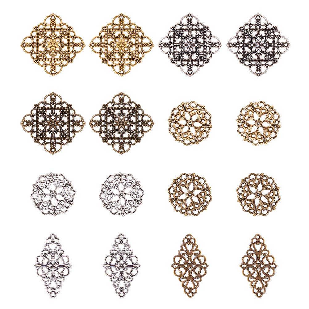 PH PandaHall 40pcs Filigree Connectors, 3 Color Rhombus Flower Charms Hollow Pendants Tibetan Metal Filigree Embellishments for DIY Hairpin Headwear Earring Necklace Jewelry Making