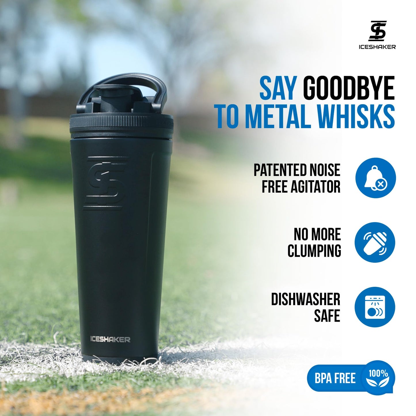 Ice Shaker Insulated Stainless Steel Shaker Bottle | 26oz, Black | Cold for 30+ Hours | Insulated Cup with Twist-on Agitator | Odor-Free Bottle for Protein Shakes, Water, Smoothies, Cocktails