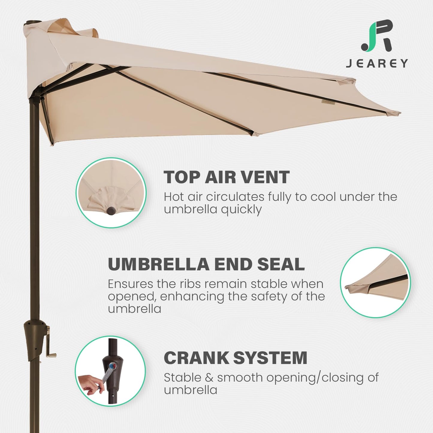 JEAREY 9ft Half Umbrella Outdoor Patio Umbrella Market Umbrellas with Crank, 1/2 Round Wall Umbrella 5 Sturdy Ribs UV Protection for Pool Garden Balcony Deck, Beige