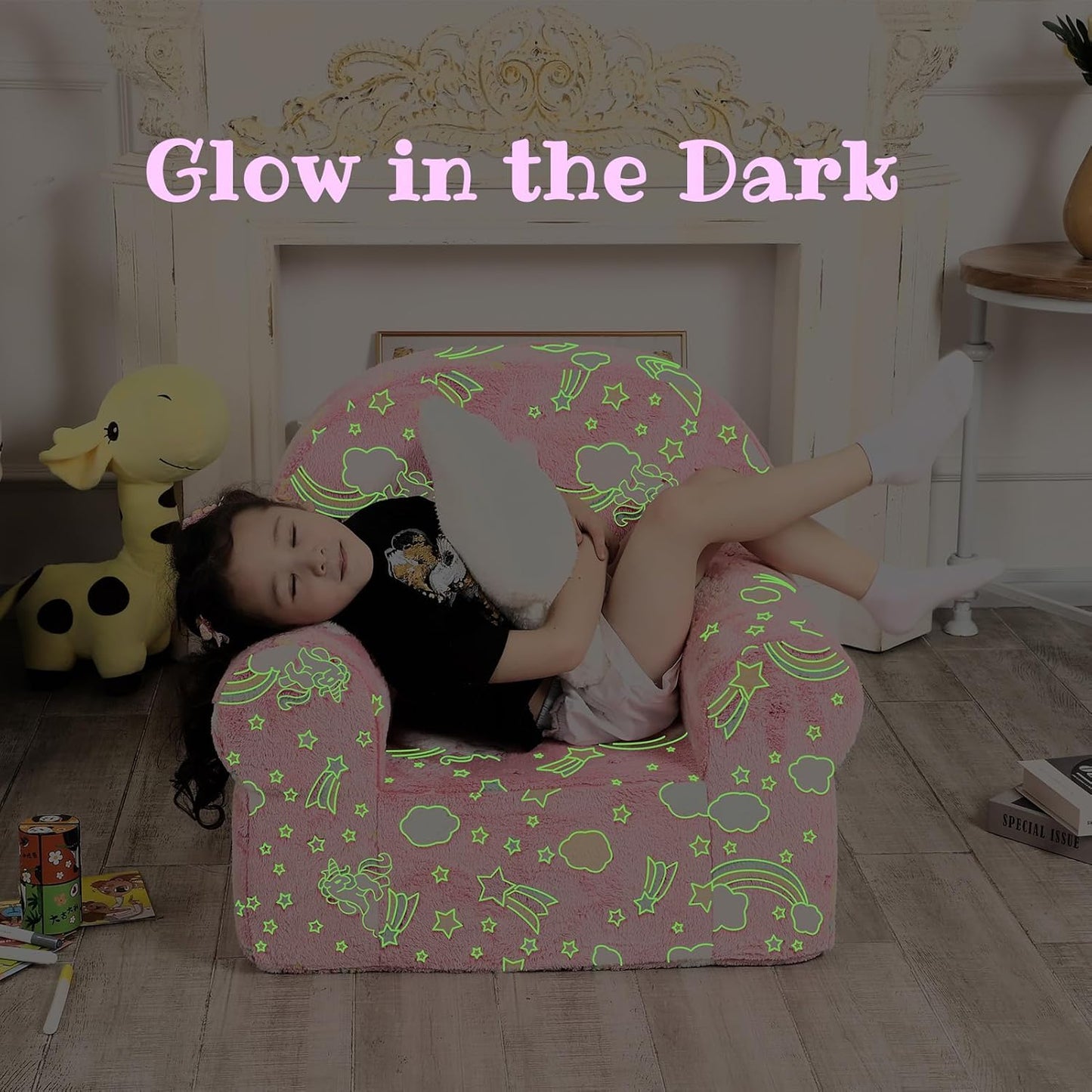 Rainbow Unicorn Kids Sofa with Star Throw Pillow, High Back Toddler Chair Glow in The Dark for Boys and Girls, Pink