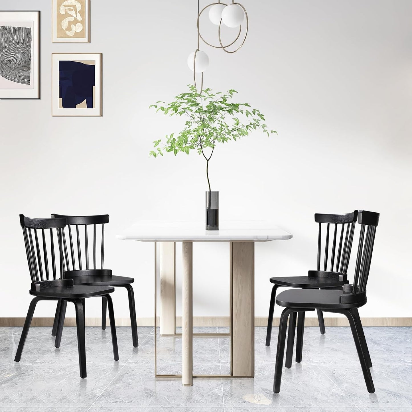 Unovivy Wood Dining Chairs Set of 2, Windsor Farmhouse Spindle Back, Widen Seat, Modern Mid-Century Country Style, for Living Room Restaurant, Black