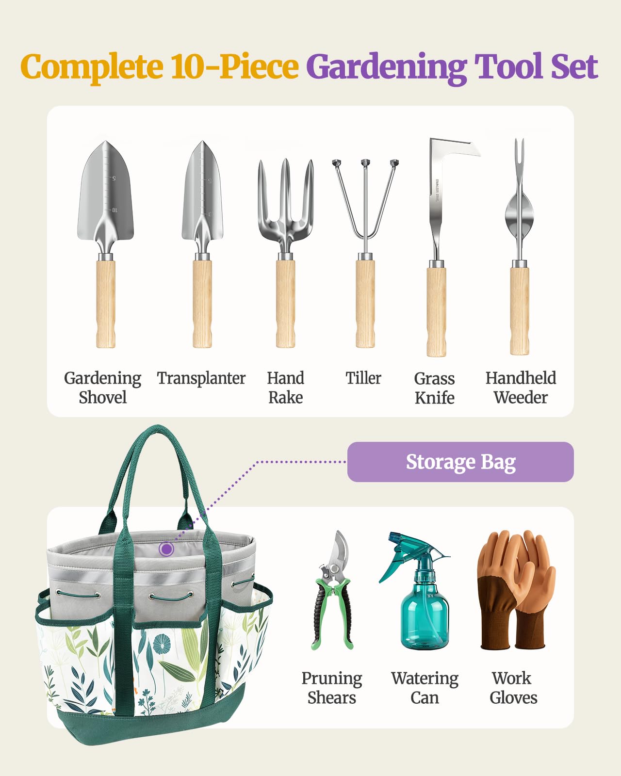 Floraxa 10 Pcs Garden Tool Set, Heavy Duty Stainless Steel Garden Tool with Ash Wood Handle, Rust-Proof Gardening Gifts for Women & Men, Includes Pruner, Weeder & Multi-Pocket Storage Tote Bag (Green)